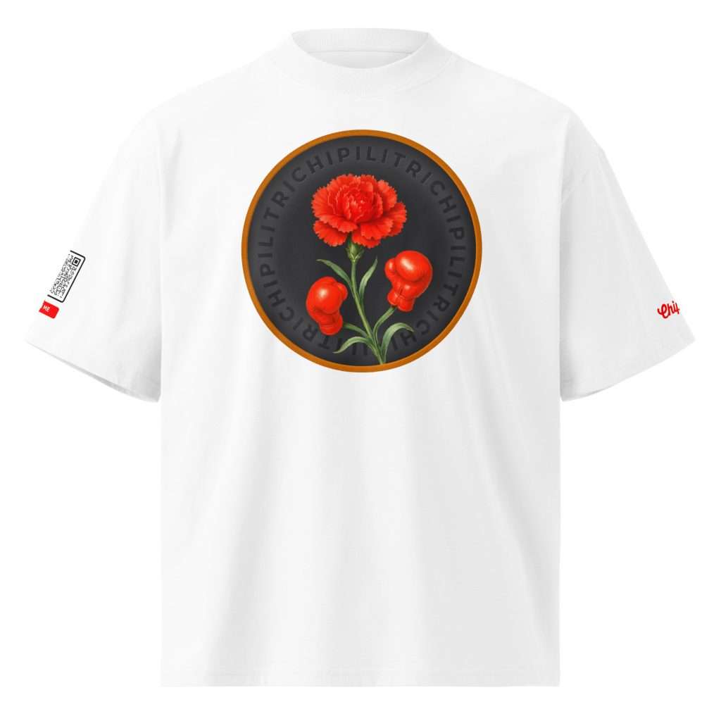 Coraje Carmesí — clavel rojo de carácter en camiseta oversized orgánica con QR musical