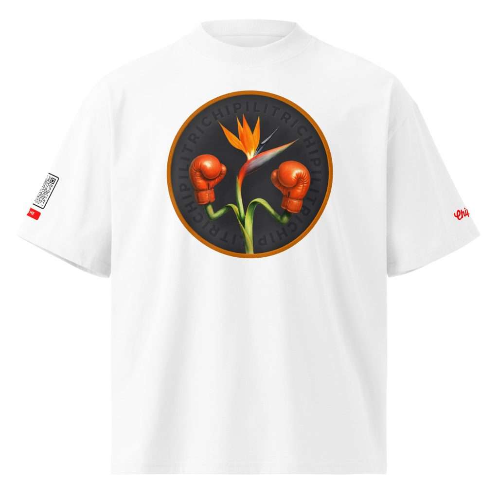 El Golpe de la Pasión — flor intensa en camiseta oversized orgánica premium con QR musical