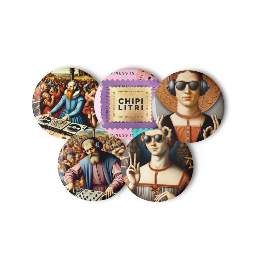 Set de 5 chapas PLAYLIST Chipilitri con retratos clásicos reinterpretados con estética musical.
