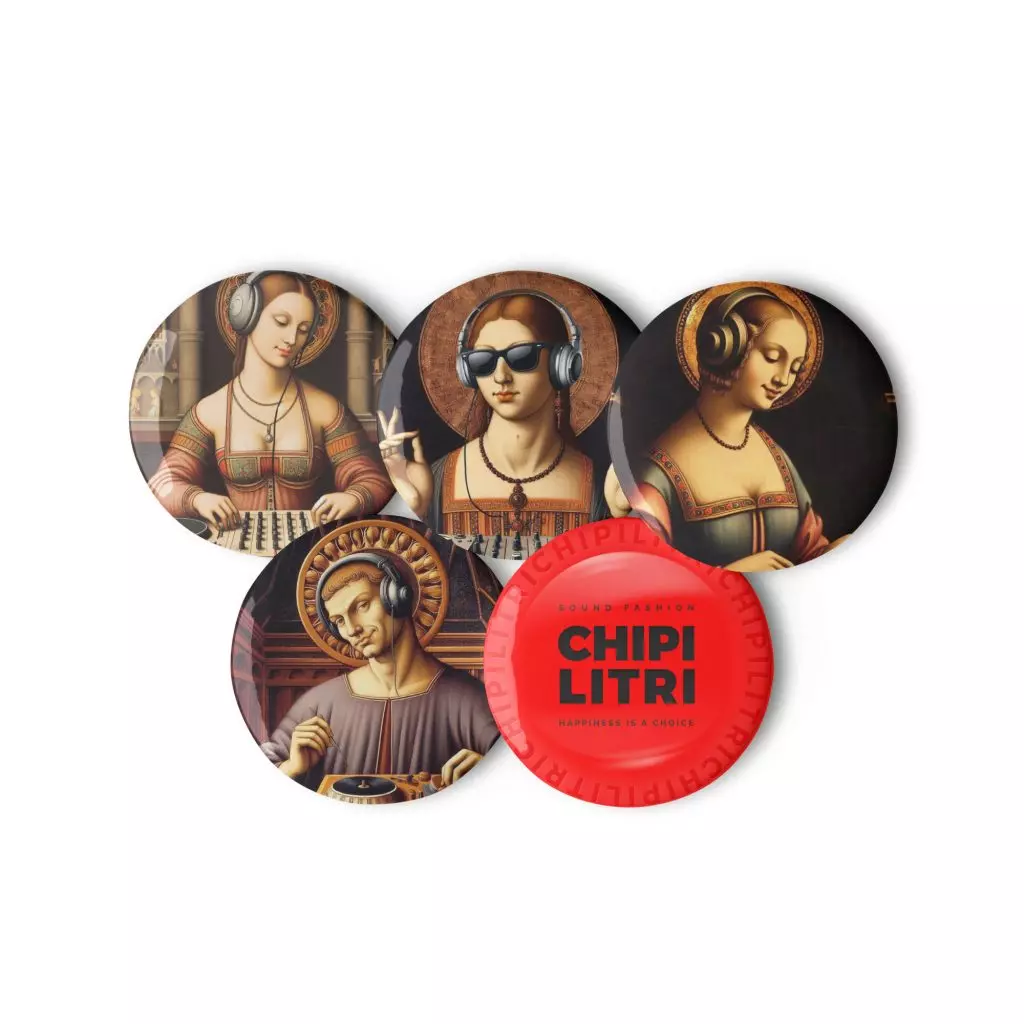 Set de 5 chapas PLAYLIST Chipilitri con retratos clásicos reinterpretados con estética musical.