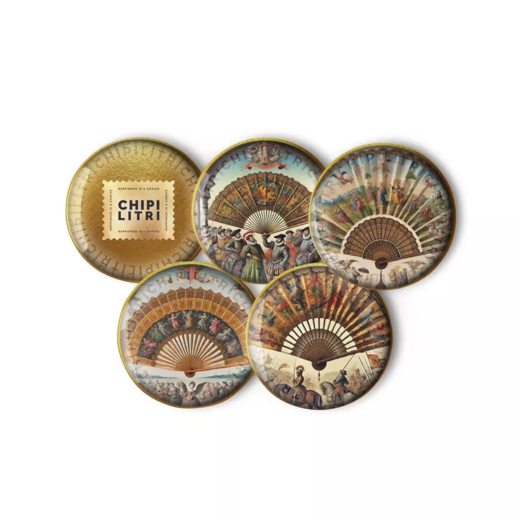 Set de 5 chapas ABANICOS Chipilitri inspiradas en abanicos pintados clásicos.